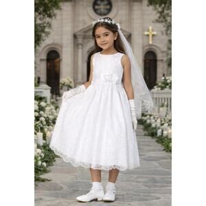 NEW Girls First Holy Communion Dress Size 10 -Embroidered Organza w/Satin Ribbon
